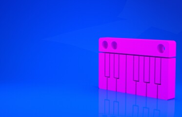 Pink Music synthesizer icon isolated on blue background. Electronic piano. Minimalism concept. 3d illustration. 3D render.
