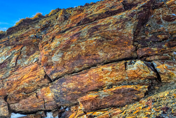 Mountain stone at very high altitude with no plant covered only with snow during sunny winter day.