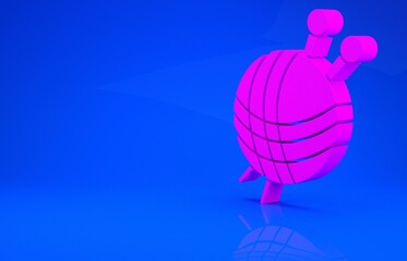 Pink Yarn ball with knitting needles icon isolated on blue background. Label for hand made, knitting or tailor shop. Minimalism concept. 3d illustration. 3D render.