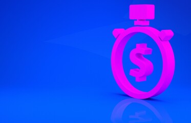 Pink Time is money icon isolated on blue background. Money is time. Effective time management. Convert time to money. Stopwatch. Minimalism concept. 3d illustration. 3D render.