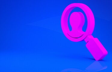 Pink Magnifying glass for search a people icon isolated on blue background. Recruitment or selection. Search for employees and job. Minimalism concept. 3d illustration. 3D render.