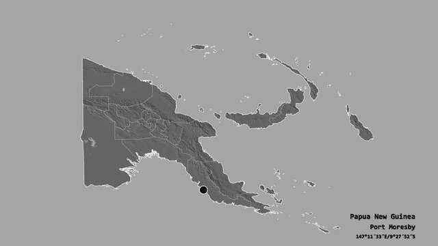 Madang, province of Papua New Guinea, with its capital, localized, outlined and zoomed with informative overlays on a bilevel map in the Stereographic projection. Animation 3D
