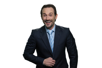Laughing businessman standing in suit. Laughing man isolated on white background.