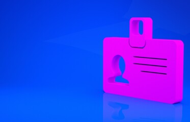 Pink Identification badge icon isolated on blue background. It can be used for presentation, identity of the company, advertising. Minimalism concept. 3d illustration. 3D render.