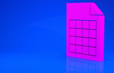 Pink File document icon isolated on blue background. Checklist icon. Business concept. Minimalism concept. 3d illustration. 3D render.