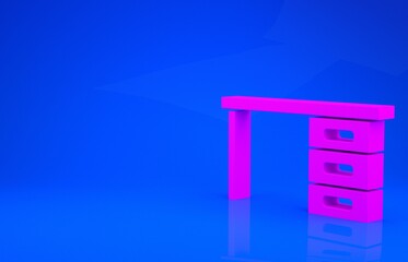 Pink Office desk icon isolated on blue background. Minimalism concept. 3d illustration. 3D render.