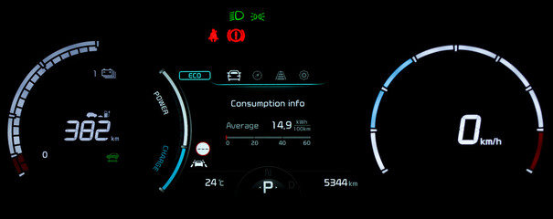 Illuminated car dashboard panel in full electric vehicle. Modern digital cluster with speedometer, odometer, average consumption info and battery range display. Close up shot.