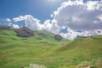 Beautiful landscape in the mountains at summer in daytime. Mountains at the sunset time. Azerbaijan, Caucasus. Khinalig