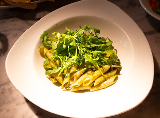 Pasta Fusilli with Fresh Garlic and Rocket Leaves