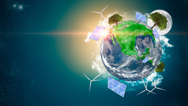 Green planet. Renewable energy and efficency concept. Environmental biodiversity. Render 3D. Some Elements Of This Image Provided By NASA