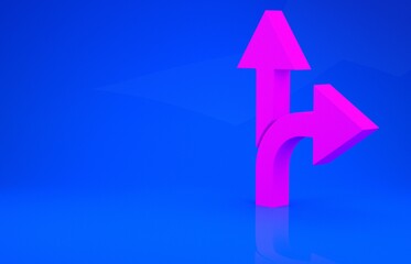 Pink Road traffic sign. Signpost icon isolated on blue background. Pointer symbol. Isolated street information sign. Direction sign. Minimalism concept. 3d illustration. 3D render.