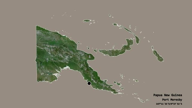 East Sepik, province of Papua New Guinea, with its capital, localized, outlined and zoomed with informative overlays on a satellite map in the Stereographic projection. Animation 3D