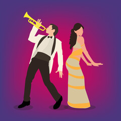 A man with a trumpet and a woman in a saree dancing in bollywood style. Dance from Indian movies.