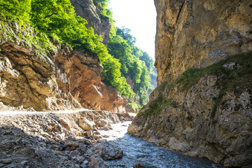 Beautiful landscape in the mountains at summer in daytime. Mountains at the sunset time. Azerbaijan, Caucasus. Khinalig