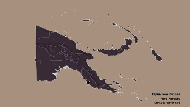 Eastern Highlands, province of Papua New Guinea, with its capital, localized, outlined and zoomed with informative overlays on a administrative map in the Stereographic projection. Animation 3D