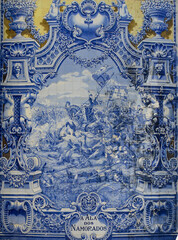 Ornamental old typical tiles from Portugal called "azulejos" made with colored ceramic tiles, who decorates the houses in Lisbon, Portugal