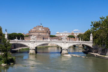 ROME, ITALY - 2014 AUGUST 18. View of Castle Sant Angelo on the banks of the River Tiber in Rome. 