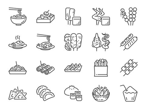 Thai street food line icon set. Included the icons as dumplings, skewer, sausage, grilled chicken wings, asian style, fruit bowl, pad thai and more.