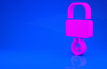 Pink Lock and key icon isolated on blue background. Padlock sign. Security, safety, protection, privacy concept. Minimalism concept. 3d illustration. 3D render.