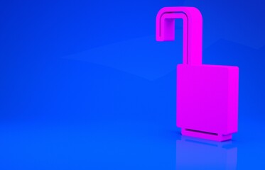 Fototapeta premium Pink Open padlock icon isolated on blue background. Opened lock sign. Cyber security concept. Digital data protection. Minimalism concept. 3d illustration. 3D render.
