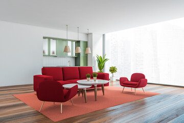 White living room and kitchen corner