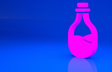 Pink Old bottle of wine icon isolated on blue background. Minimalism concept. 3d illustration. 3D render..