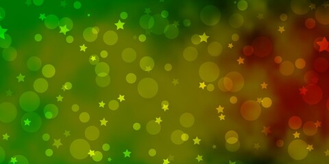 Light Green, Yellow vector background with circles, stars. Abstract illustration with colorful spots, stars. Pattern for trendy fabric, wallpapers.