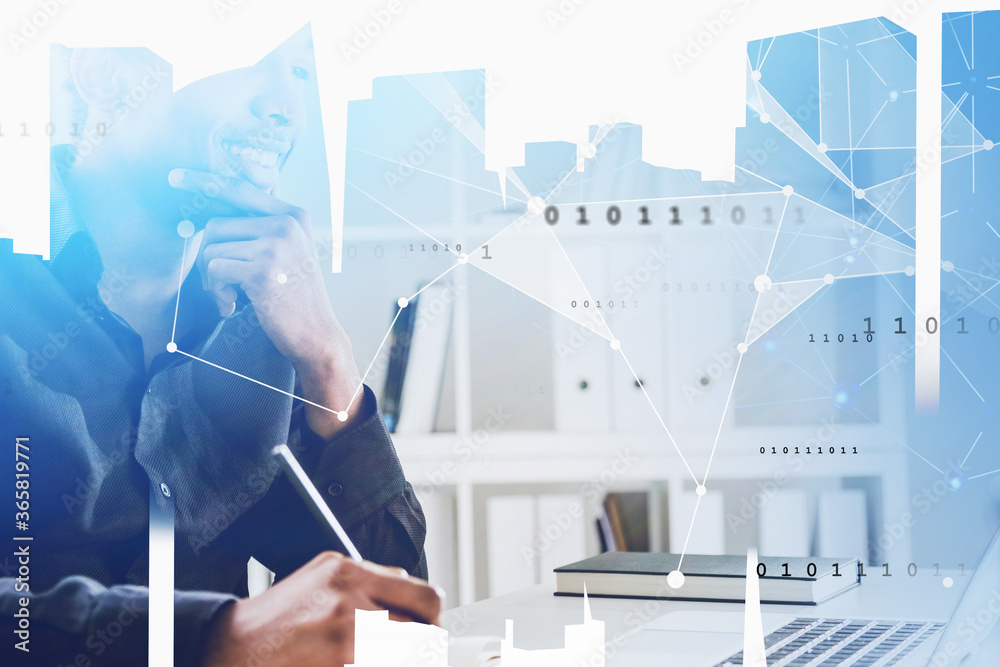 Wall mural smiling african man in office, network interface