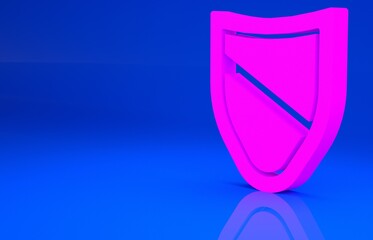 Pink Shield icon isolated on blue background. Guard sign. Security, safety, protection, privacy concept. Minimalism concept. 3d illustration. 3D render..