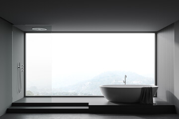 Naklejka na ściany i meble Grey and wooden bathroom with tub and shower