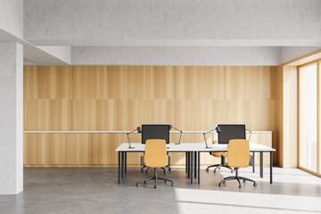 Workplace in wooden open space office