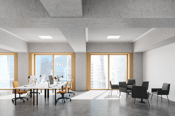 Wooden open space office interior with lounge