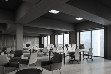 Fototapeta na wymiar Grey and wood open space office corner with lounge