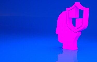 Pink Human head with shield icon isolated on blue background. Minimalism concept. 3d illustration. 3D render..