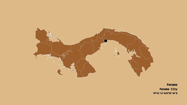 Kuna Yala, indigenous territory of Panama, with its capital, localized, outlined and zoomed with informative overlays on a solid patterned map in the Stereographic projection. Animation 3D
