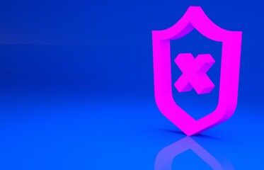 Pink Shield with cross mark icon isolated on blue background. Shield and rejected. Notice of refusal. Minimalism concept. 3d illustration. 3D render..