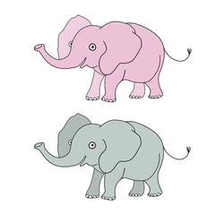 Happy pink elephant and happy gray elephant. Cartoon vector illustration isolated on white background.  