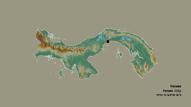 Ember&aacute;, indigenous territory of Panama, with its capital, localized, outlined and zoomed with informative overlays on a relief map in the Stereographic projection. Animation 3D