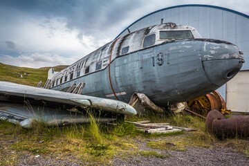 Fototapeta na wymiar ICELAND - JULY 31, 2018: Abandoned old plane Douglas Super DC-3.