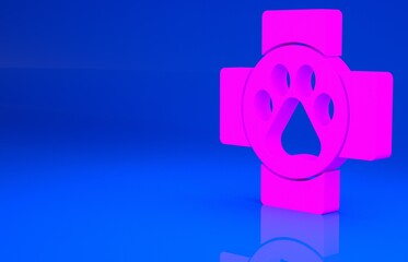 Pink Veterinary clinic symbol icon isolated on blue background. Cross hospital sign. A stylized paw print dog or cat. Pet First Aid sign. Minimalism concept. 3d illustration. 3D render..
