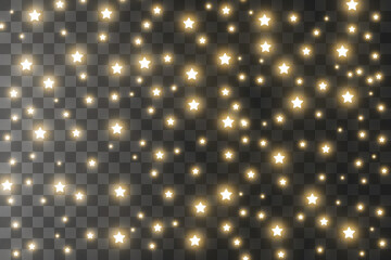 The dust sparks and golden stars shine with special light. Vector sparkles on a transparent background. Christmas light effect. Sparkling magical dust particles.