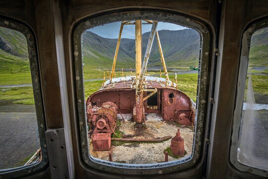 SAUDLAUKSDALUR, ICELAND - JULY 31, 2018: Shot from inside of whaling ship nose of Gardar BA 64 beached for years in Iceland and is now a rusting ruin. .