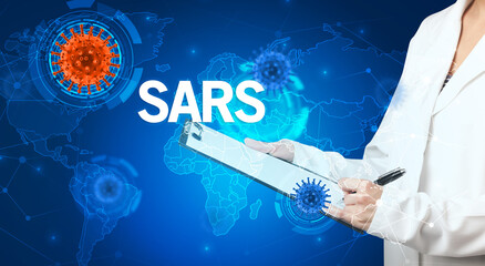 Doctor fills out medical record with SARS inscription, virology concept