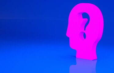 Pink Human head with question mark icon isolated on blue background. Minimalism concept. 3d illustration. 3D render..