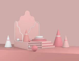 Abstract coral product showcase. Pastel red stand advertising copy space, minimal geometric shapes. 3D rendering
