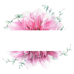 Watercolor hand painted pink dahlia and delicate turquoise eucalyptus frame. Isolated floral arrangement on white background