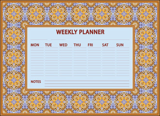 Weekly Planner design. Vector ornamental frame