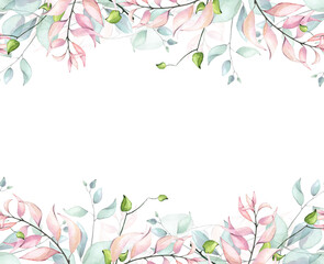 Watercolor hand painted pink, turquoise and green leaves delicate seamless border. Isolated floral arrangement on white background