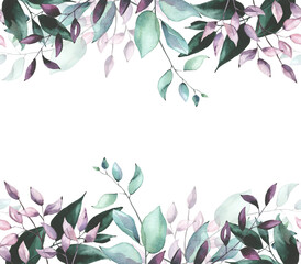 Watercolor hand painted pink, turquoise and green leaves delicate seamless border. Isolated floral arrangement on white background