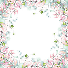 Fototapeta na wymiar Watercolor hand painted pink, turquoise and green leaves delicate frame. Isolated floral arrangement on white background